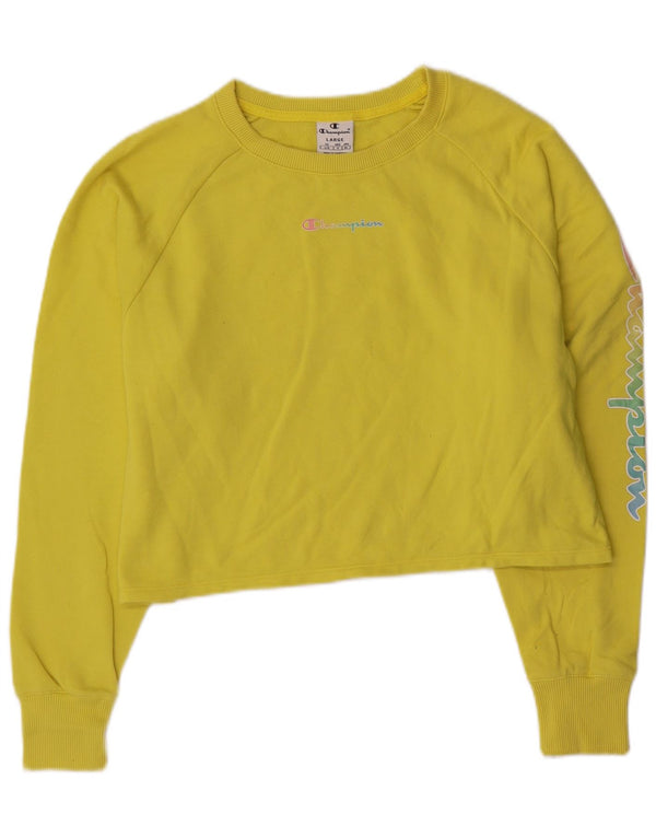 Champion Womens Crop Graphic Loose Fit φούτερ Jumper UK 16 Large Yellow