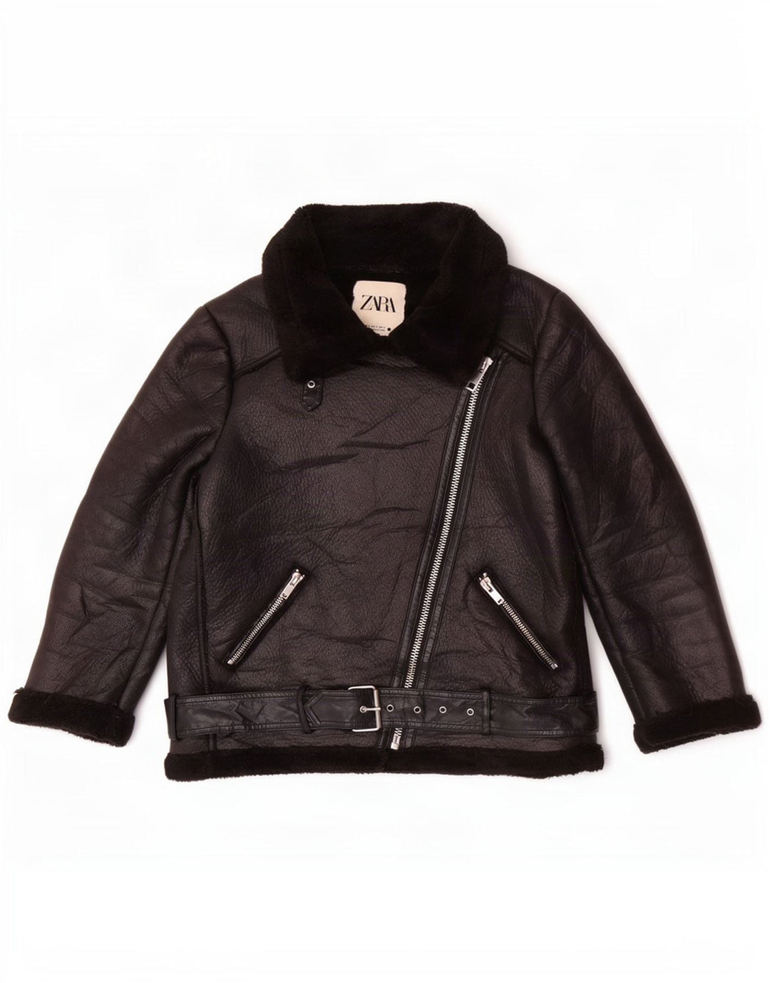 Zara Γυναικείο Sherpa Faux Leather Biker Jacket UK 14 Medium Black Polyester