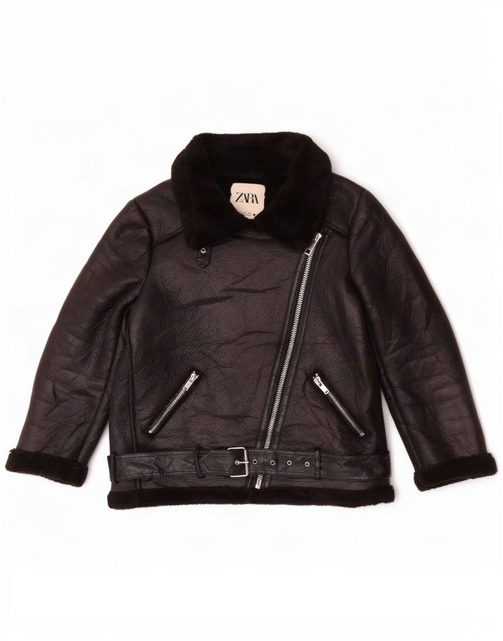 Zara Γυναικείο Sherpa Faux Leather Biker Jacket UK 14 Medium Black Polyester