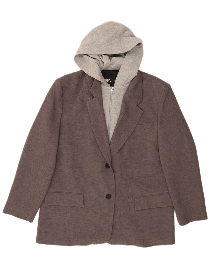 Zara Γυναικείο τζάκετ με κουκούλα 2 κουμπιών UK 16 Large Grey