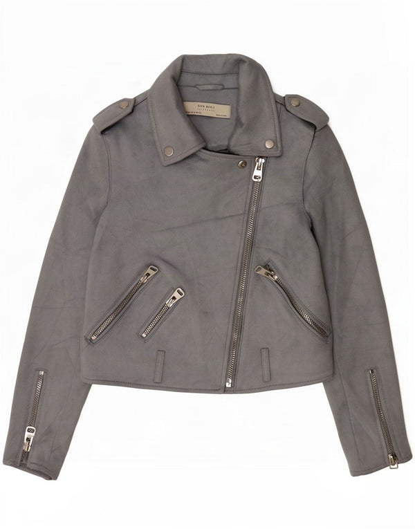 Zara Γυναικείο Military Crop Faux Suede Biker Jacket UK 6 XS Grey Polyester