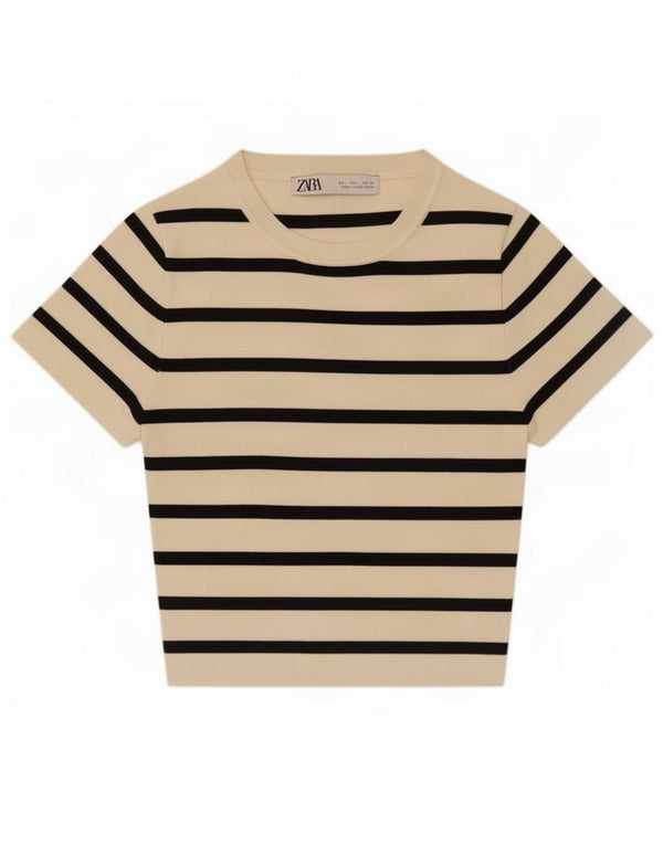 Zara Γυναικείο T-Shirt Crop Top UK 14 Large Beige ριγέ
