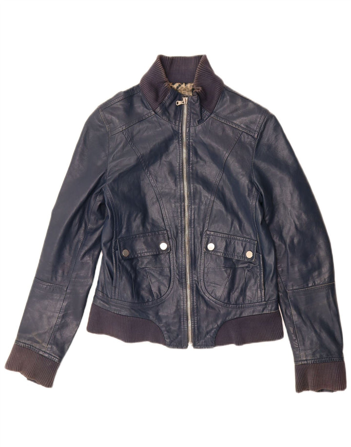Vintage Γυναικείο Crop Δερμάτινο Μπουφάν IT 44 Medium Navy Blue Leather