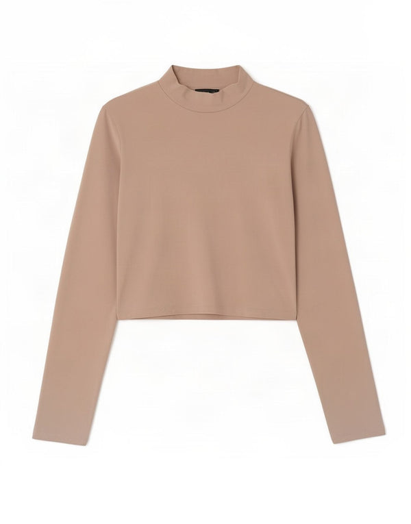 Zara Γυναικείο Crop Top Μακρυμάνικο UK 10 Small Beige βαμβακερό
