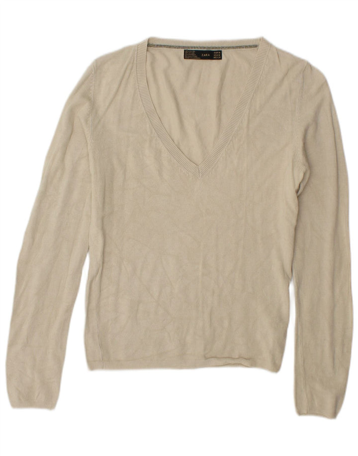 Zara Γυναικείο πουλόβερ με V λαιμόκοψη UK 14 Medium Beige Rayon