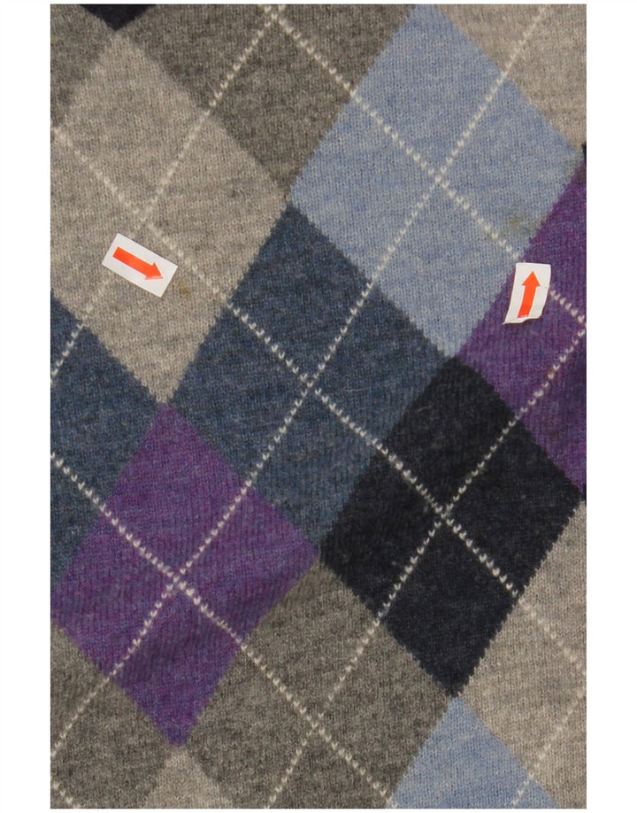 GANT Mens V-Neck Jumper Sweater Medium Navy Blue Argyle/Diamond Lambswool