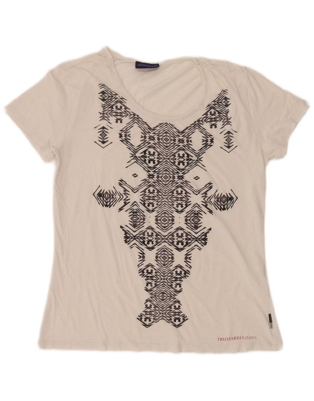 TRUSSARDI JEANS Γυναικείο γραφικό T-shirt Top UK 14 Large White Geometric