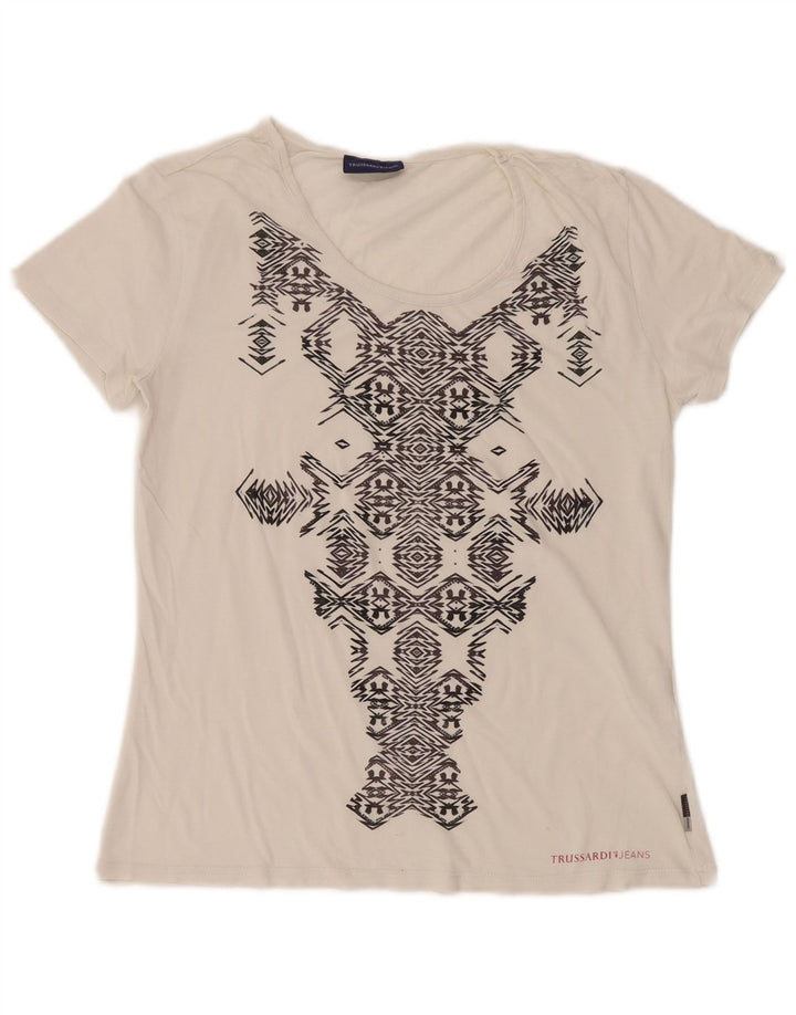 TRUSSARDI JEANS Γυναικείο γραφικό T-shirt Top UK 14 Large White Geometric