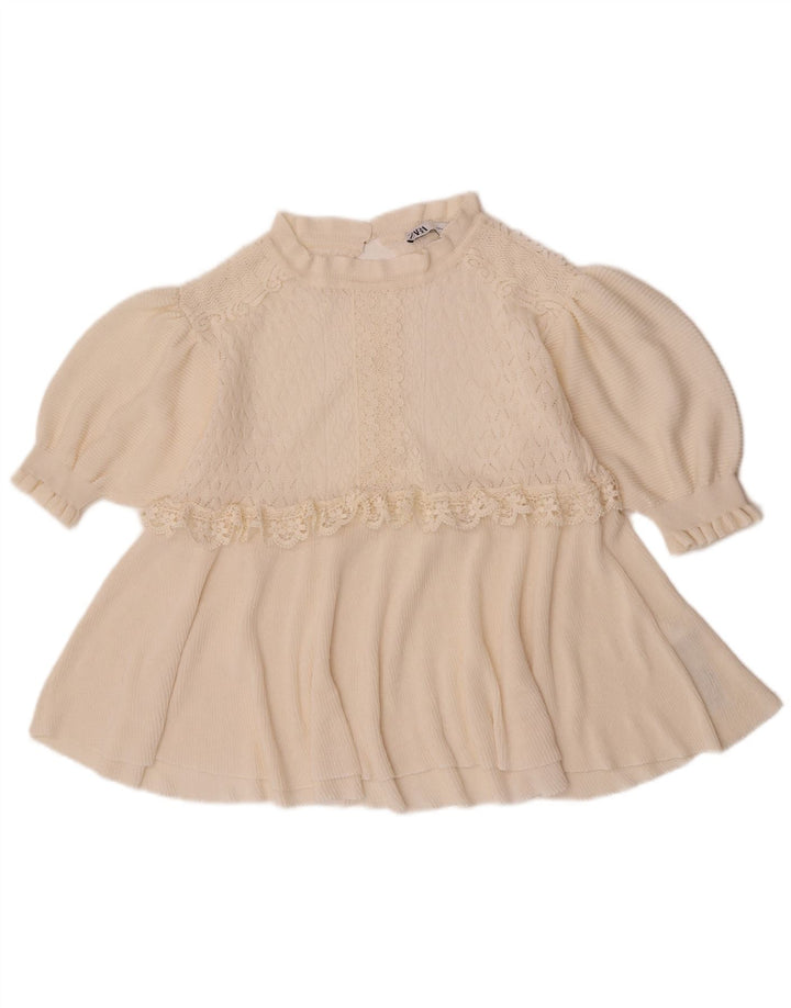Zara γυναικεία μπλούζα με μανίκια 3/4 τοπ UK 12 Medium Off White Floral Πολυεστέρας