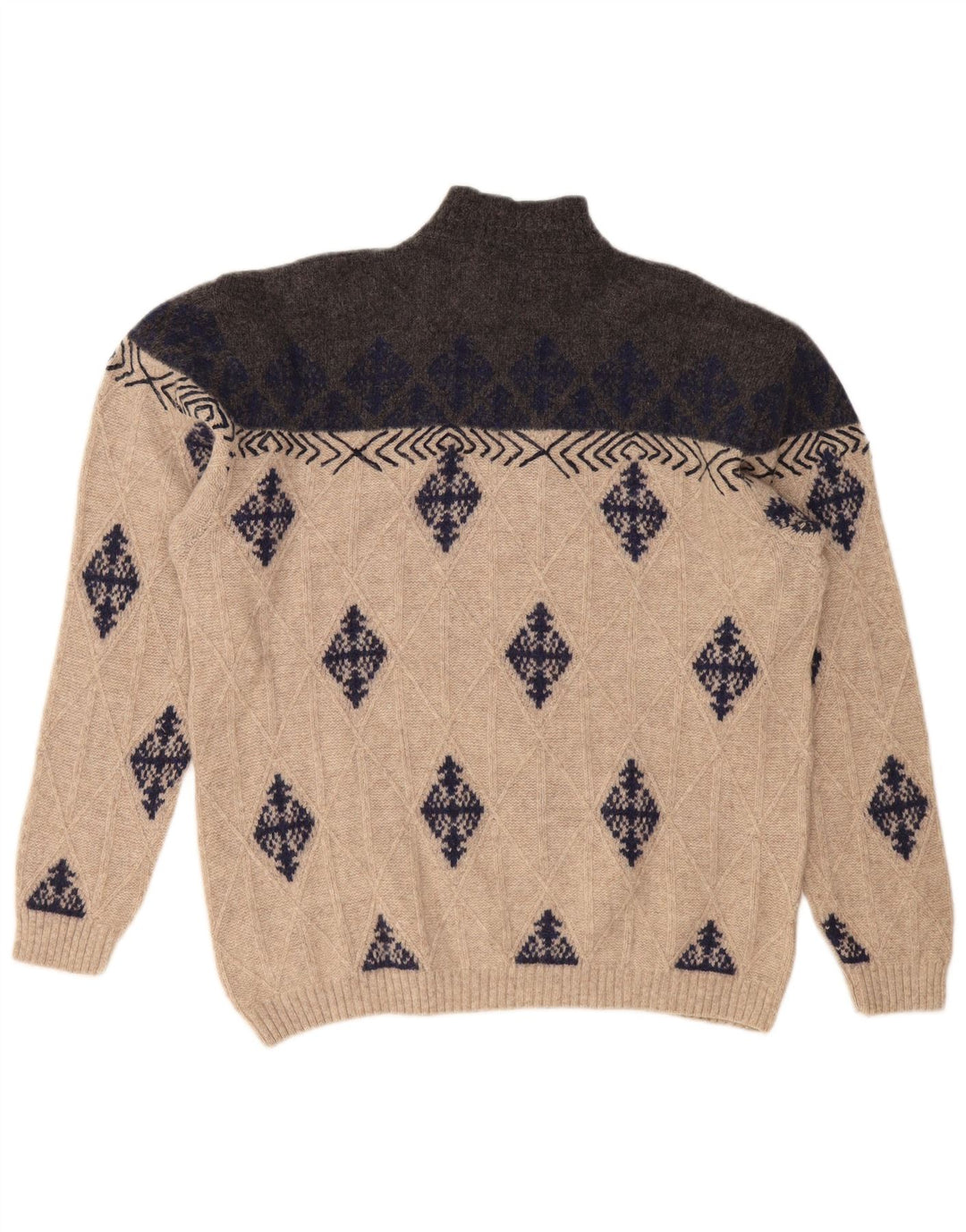 VINTAGE Ανδρικό πουλόβερ με λαιμόκοψη XL μπεζ Argyle/Διαμάντι