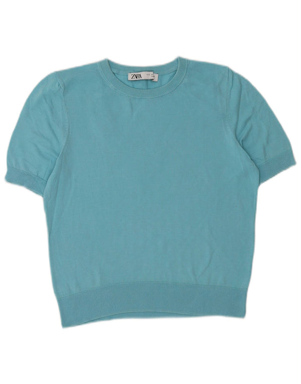 Zara Womens Crop Short Sleeve Boat Neck Jumper Sweater UK 10 Small Blue