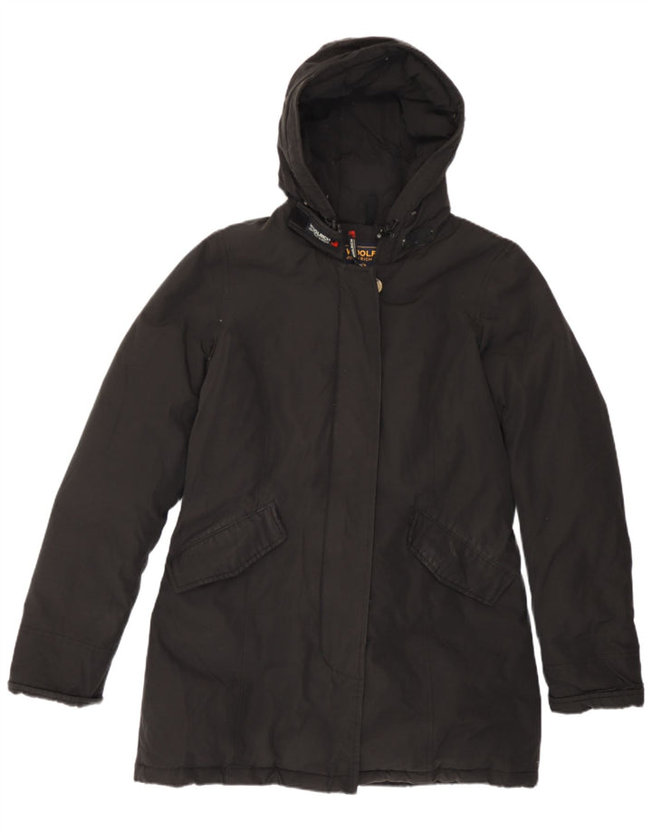Woolrich Γυναικείο παλτό με κουκούλα με επένδυση UK 14 μεσαίο μαύρο βαμβακερό