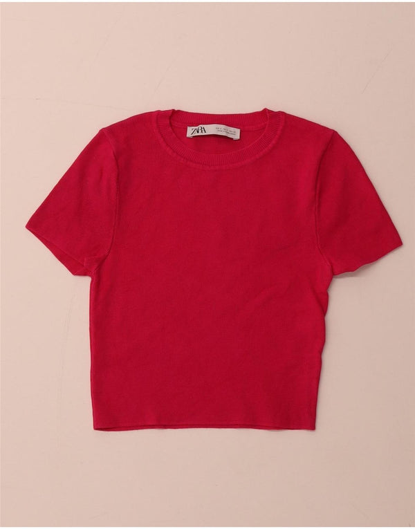 Γυναικείο κοντομάνικο ZARA πουλόβερ με λαιμόκοψη UK 8 Small Pink