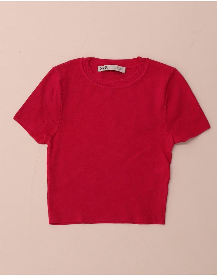 Γυναικείο κοντομάνικο ZARA πουλόβερ με λαιμόκοψη UK 8 Small Pink