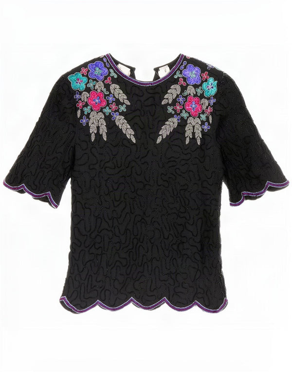 Laurence Kozar Γυναικεία Μπλούζα Τοπ UK 14 Large Black Floral Silk