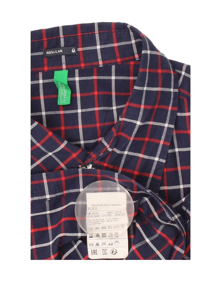 BENETTON Mens Regular Fit Shirt XL Navy Blue Check Cotton