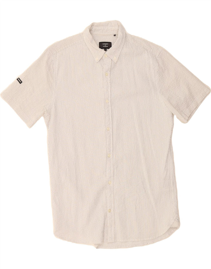 SUPERDRY Mens Short Sleeve Shirt Small White Pinstripe Cotton Vintage Superdry and Second-Hand Superdry from Messina Hembry 
