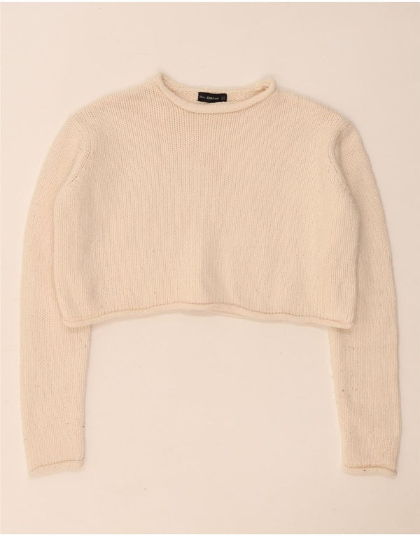 Zara Womens Crop Oversized Crew Neck Jumper Sweater UK 10 Small Beige