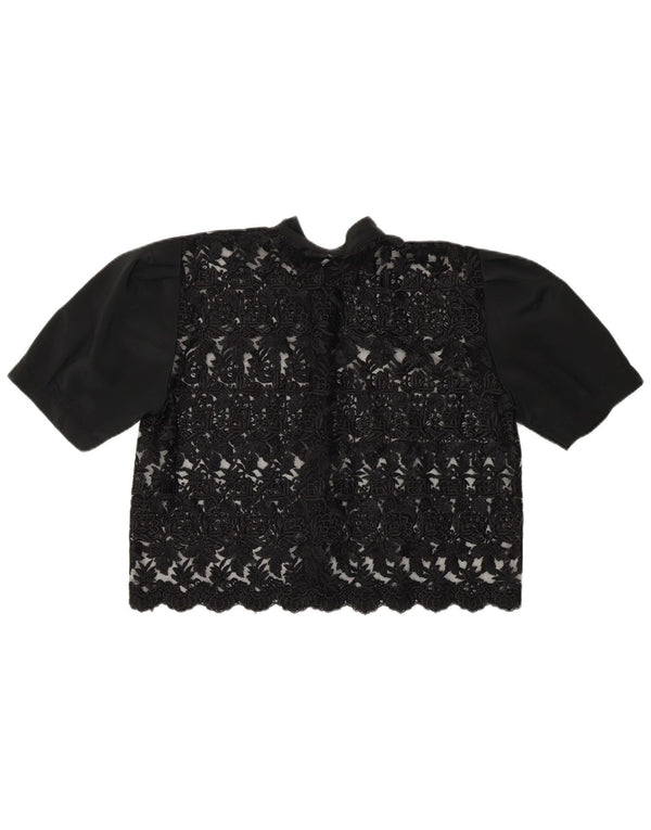 Vintage Γυναικεία Crop See Through Μπλούζα UK 14 Medium Black Floral