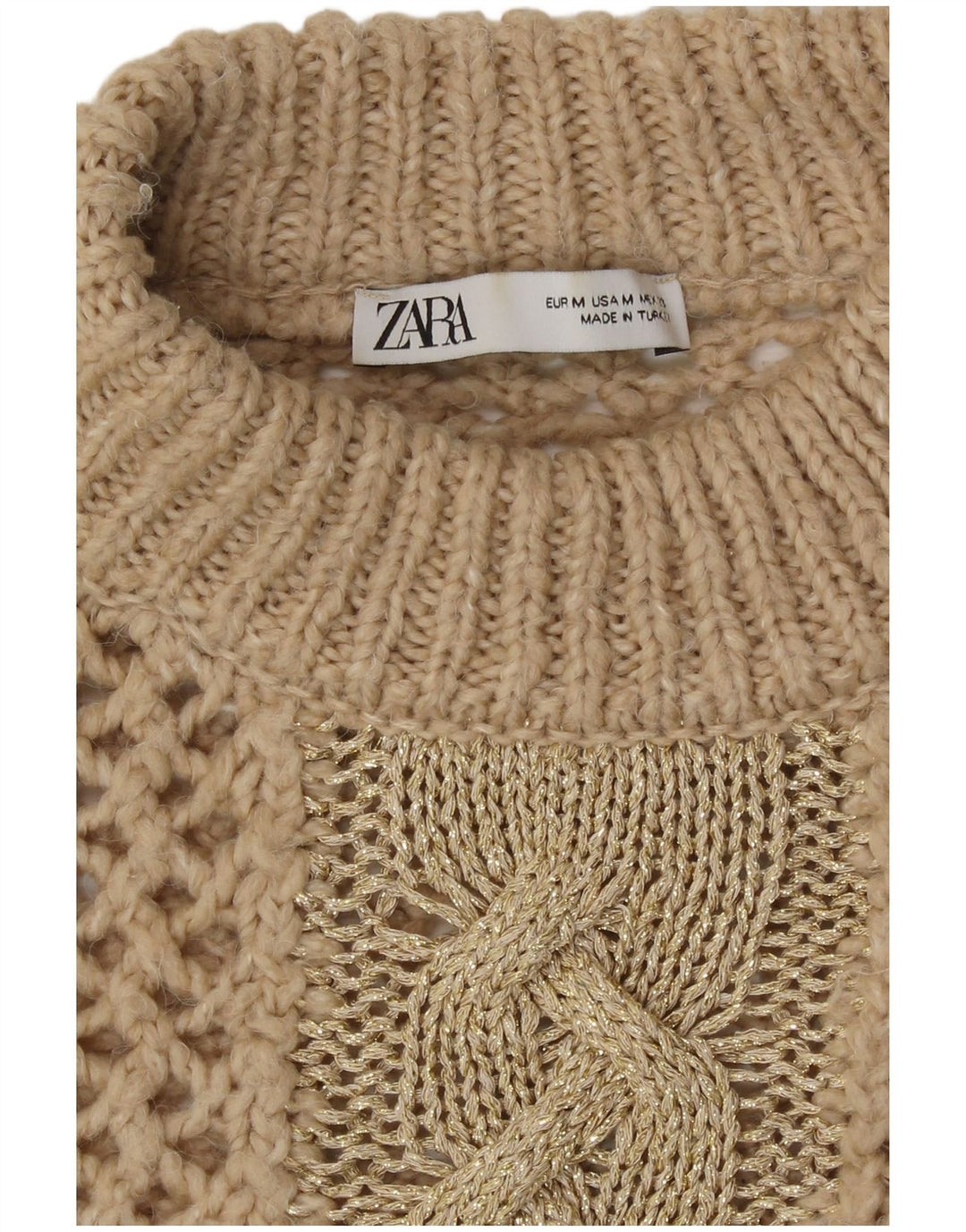 Zara γυναικείο βελονάκι με λαιμόκοψη πουλόβερ UK 14 Medium Beige