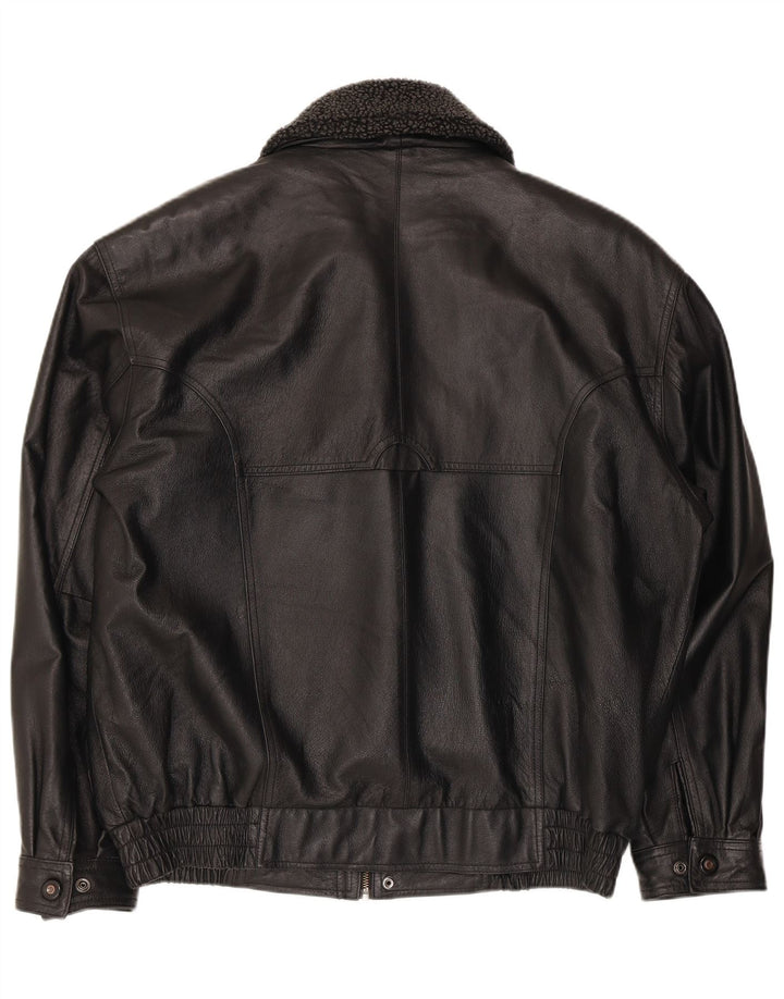 Vintage Ανδρικό Faux Leather Bomber Jacket UK 40 Large Black Polyester