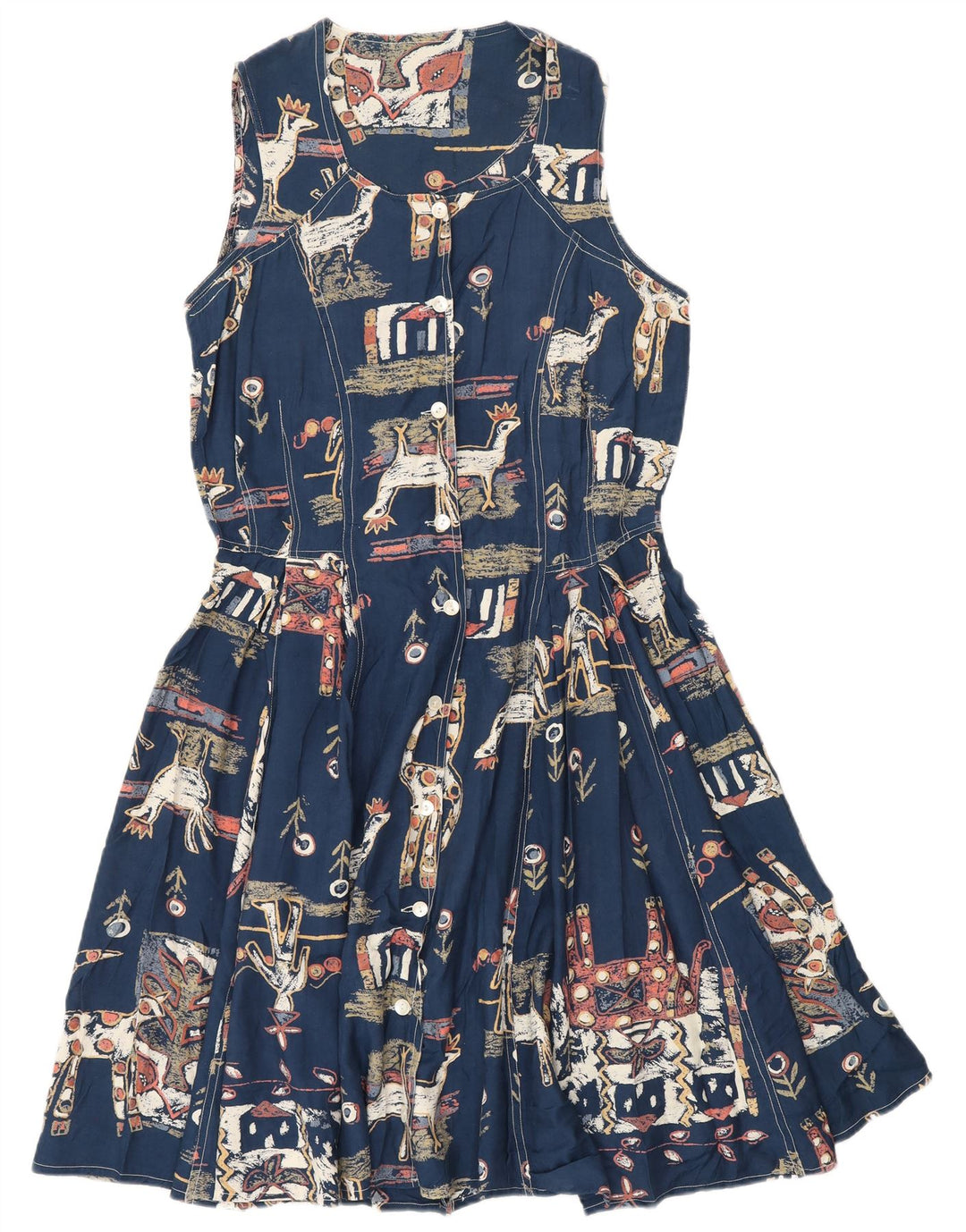 Vintage γυναικείο αφηρημένο φόρεμα A-Line UK 12 Medium Navy Blue
