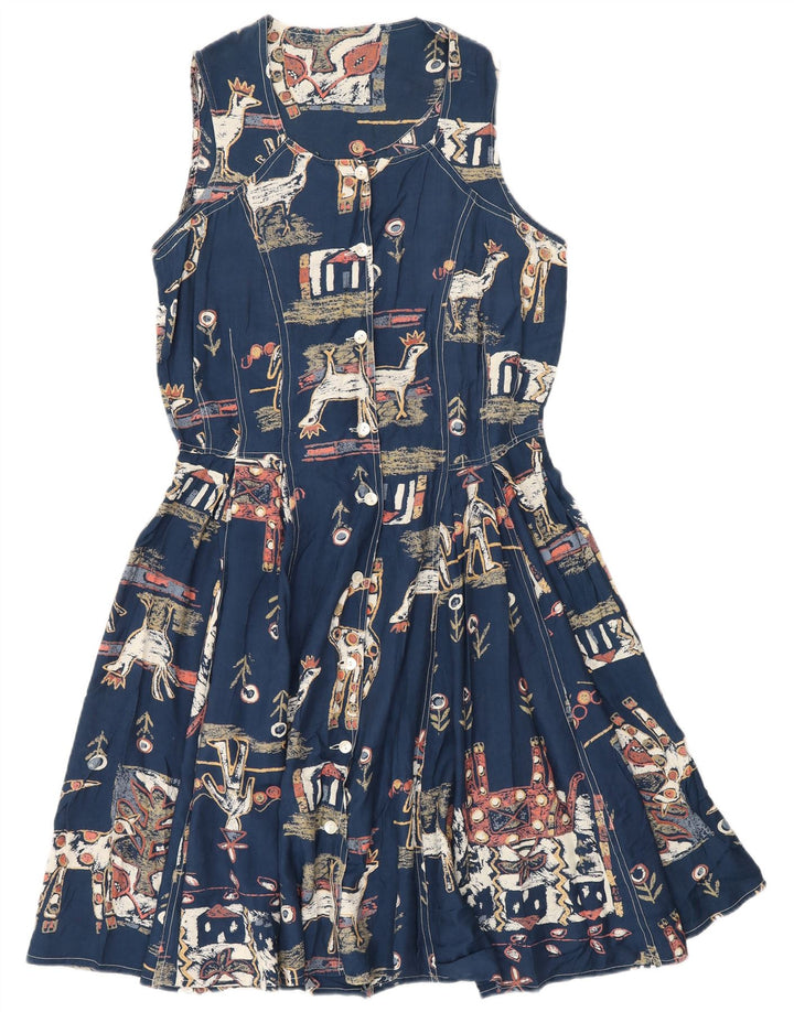 Vintage γυναικείο αφηρημένο φόρεμα A-Line UK 12 Medium Navy Blue