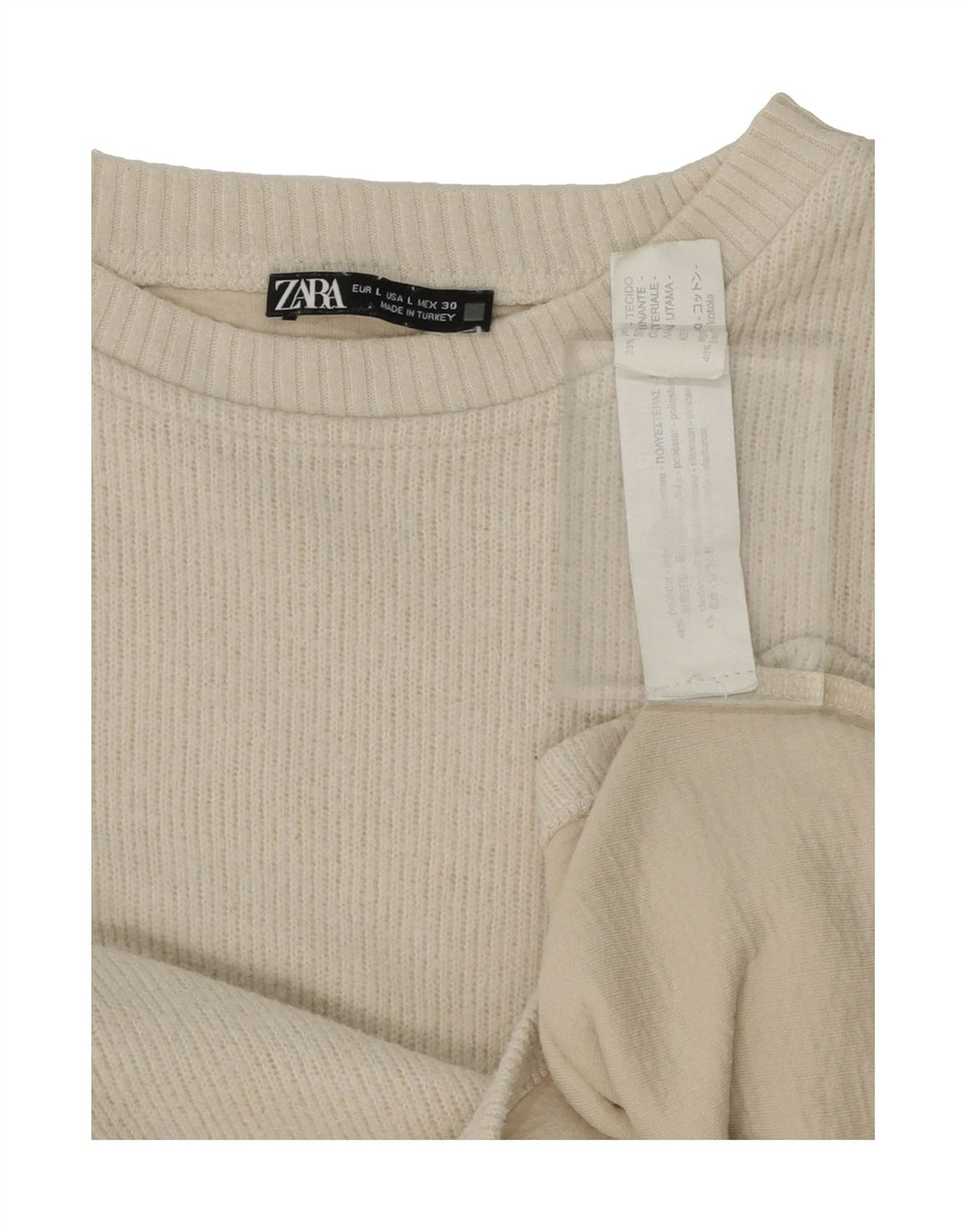 ZARA Womens Crop Crew Neck Jumper Sweater UK 16 Large Off White Polyester Vintage Zara and Second-Hand Zara from Messina Hembry 