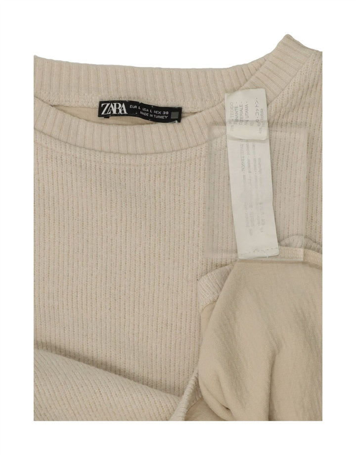 ZARA Womens Crop Crew Neck Jumper Sweater UK 16 Large Off White Polyester Vintage Zara and Second-Hand Zara from Messina Hembry 