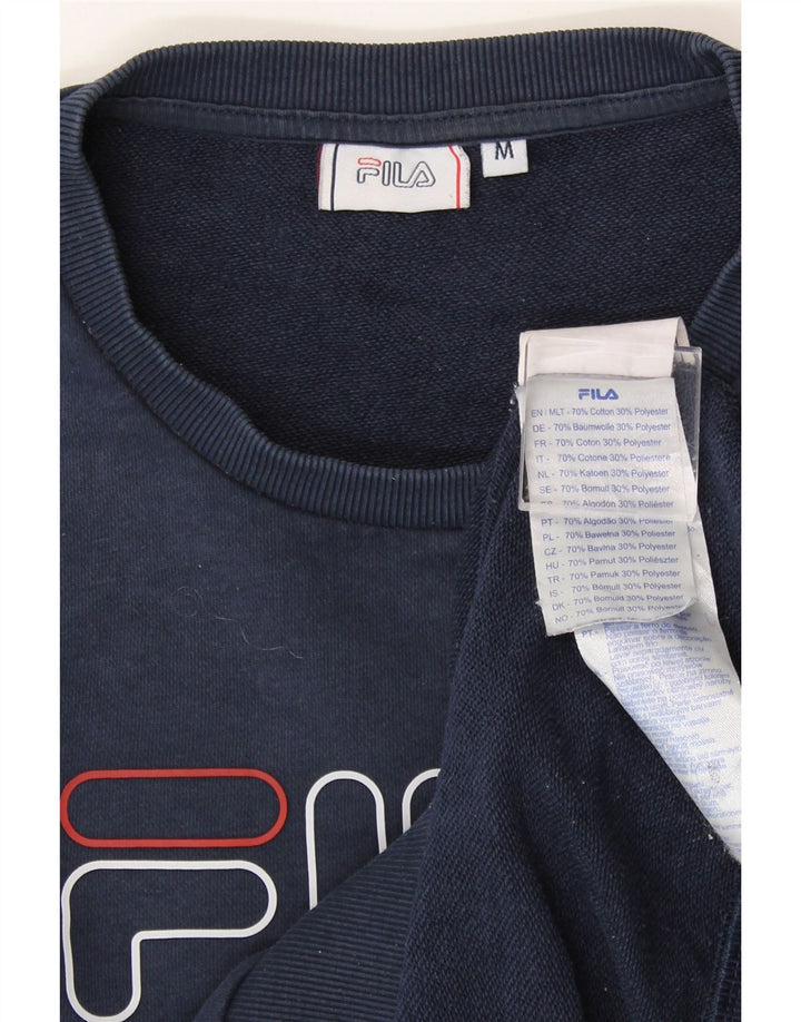FILA Womens Graphic Sweatshirt Jumper UK 14 Medium Navy Blue Cotton Vintage Fila and Second-Hand Fila from Messina Hembry 