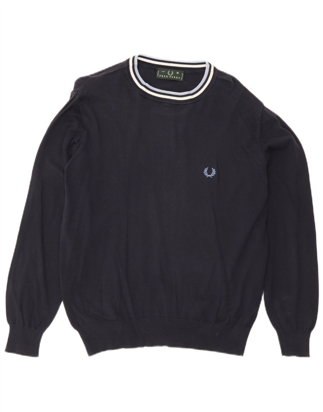 Fred Perry Ανδρικό πουλόβερ με λαιμόκοψη, μεσαίο μπλε ναυτικό βαμβακερό ριγέ