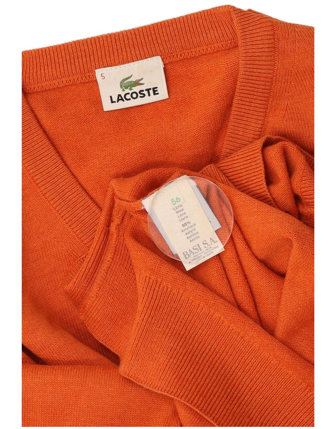 Ανδρικό πουλόβερ Lacoste με V λαιμόκοψη, Μέγεθος 6, Μαλλί πορτοκαλί μεγάλο