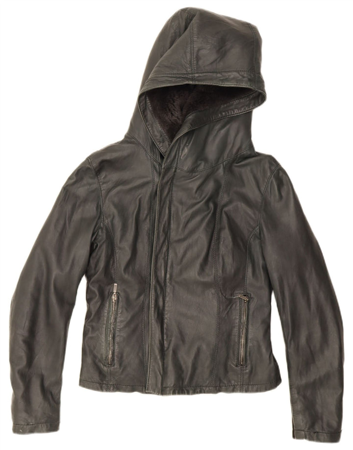 XETRA Γυναικείο Crop Hooded Δερμάτινο Μπουφάν UK 12 Medium Black