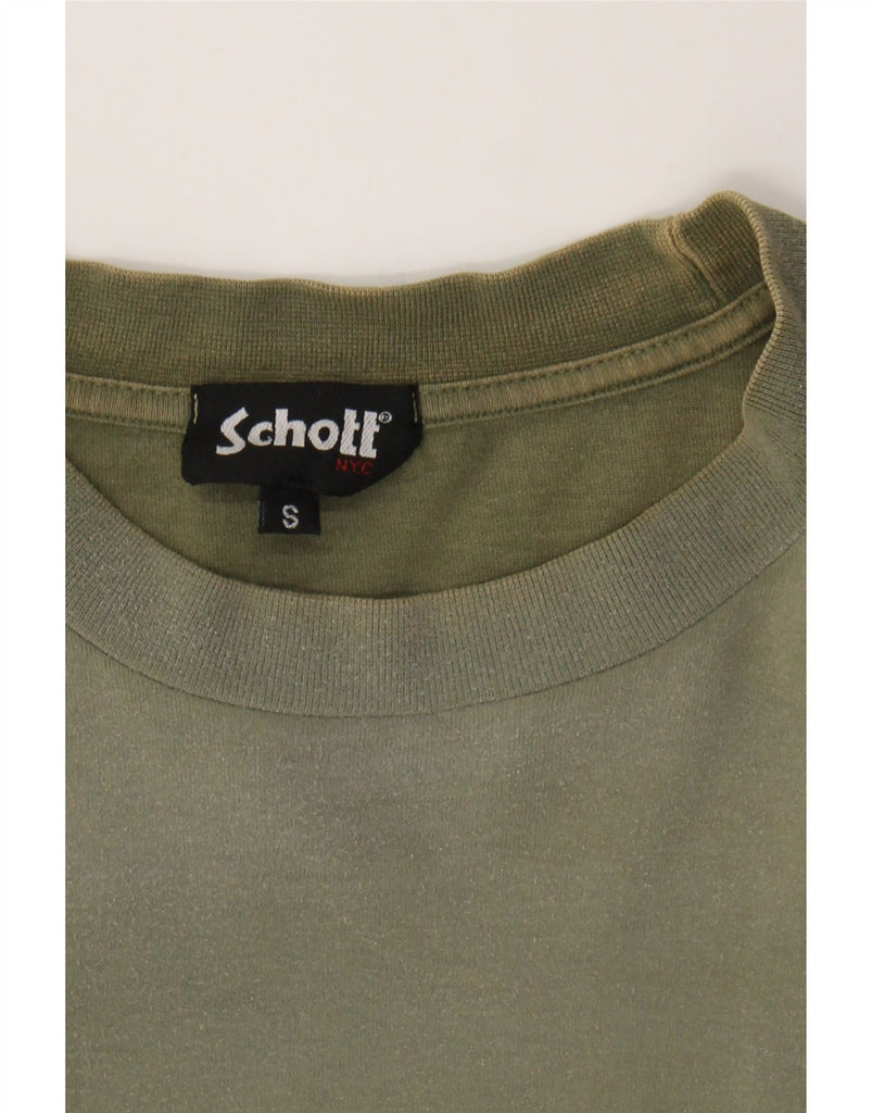 SCHOTT Mens Graphic T-Shirt Top Small Khaki Cotton Vintage Schott and Second-Hand Schott from Messina Hembry 