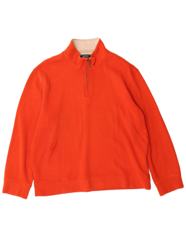 LANDS END Mens Zip Neck Sweatshirt Jumper Large Orange Cotton