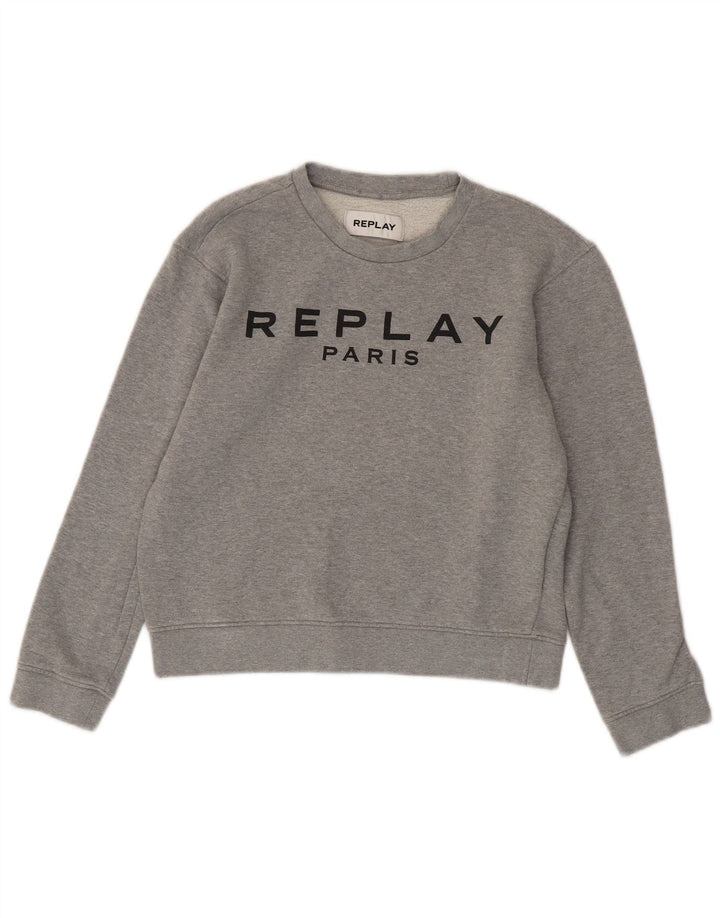 REPLAY Γυναικείο Γραφικό Φούτερ Paris Crop Jumper UK 10 Small Grey Cotton