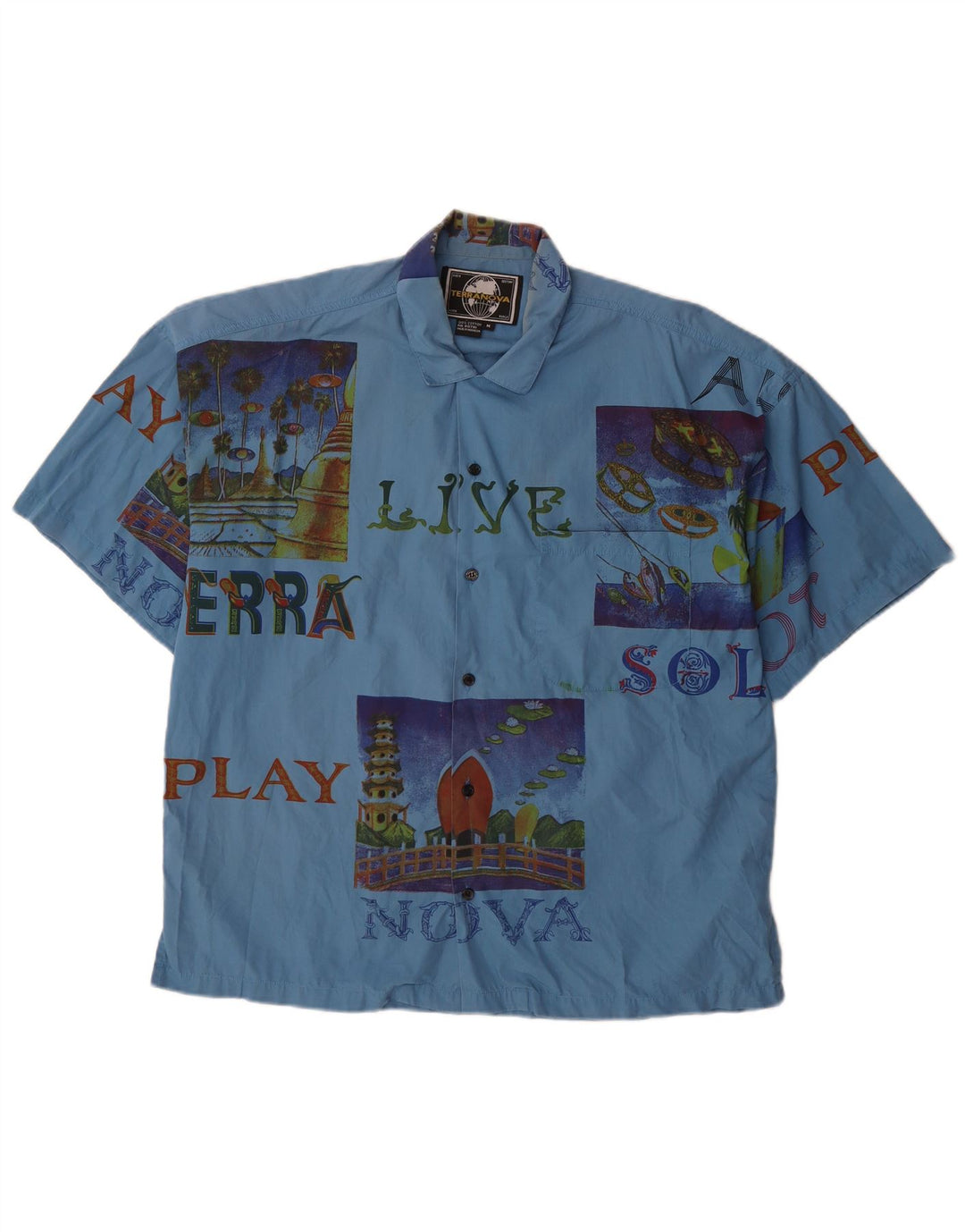 Ανδρικό κοντομάνικο γραφικό πουκάμισο TERRANOVA Βαμβακερό μεσαίο μπλε συνονθύλευμα