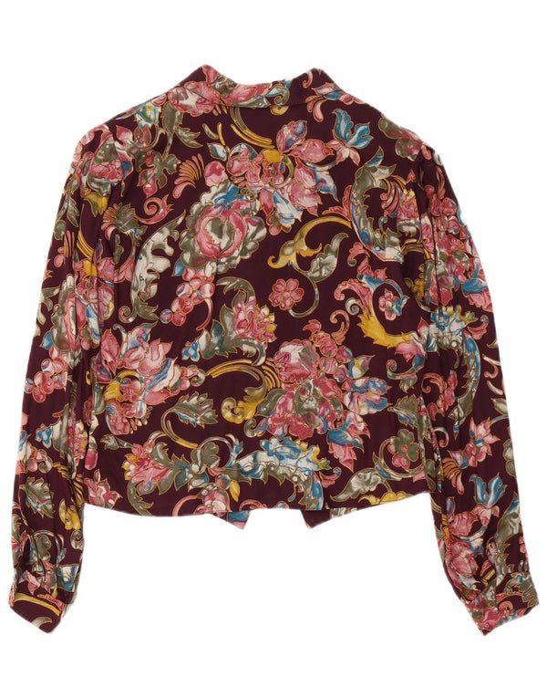 Vintage γυναικείο πουκάμισο μπλούζα UK 10 Small Burgundy Floral Viscose