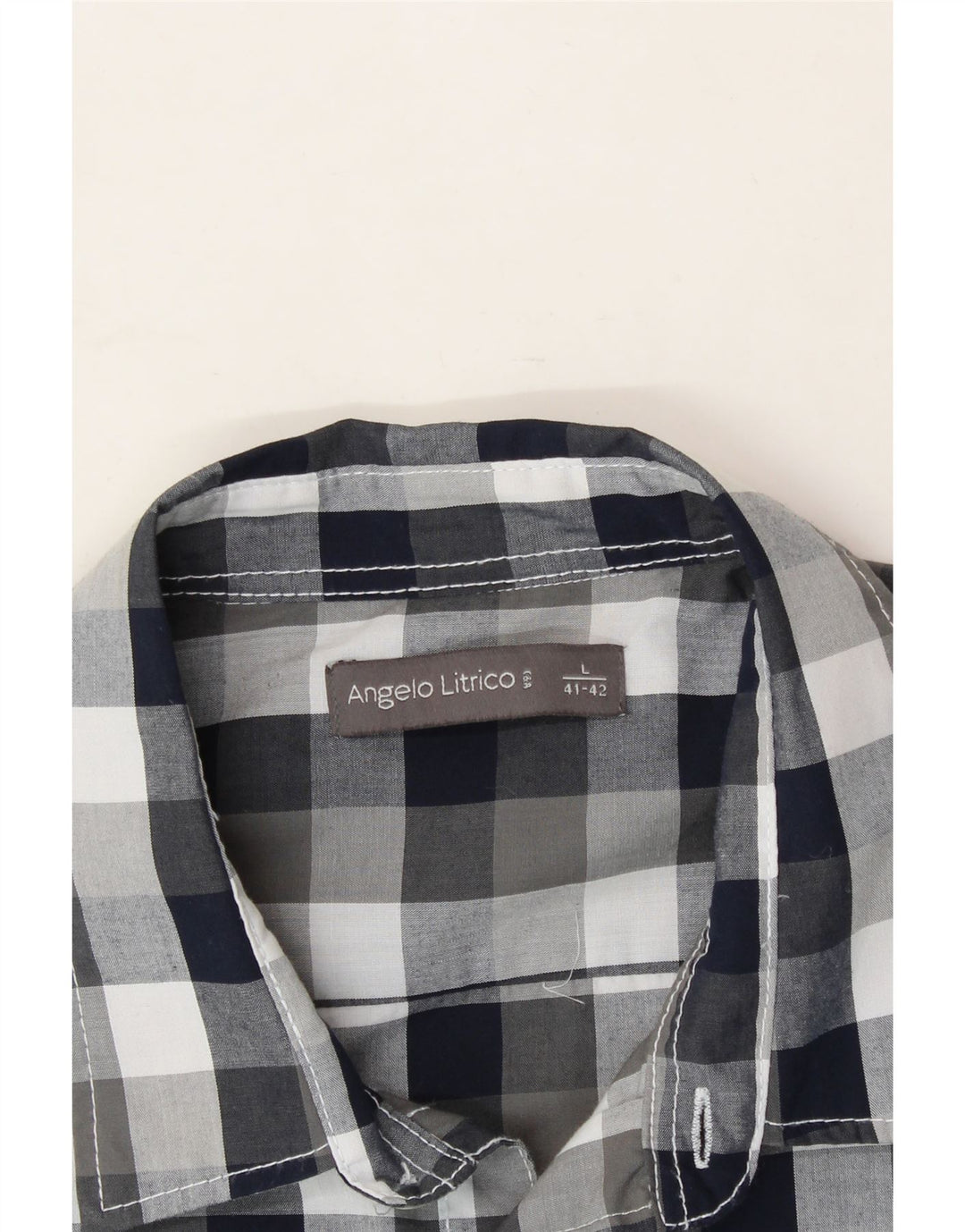 ANGELO LITRICO Mens Short Sleeve Shirt Size 41/42 Large Navy Blue Check Vintage Angelo Litrico and Second-Hand Angelo Litrico from Messina Hembry 