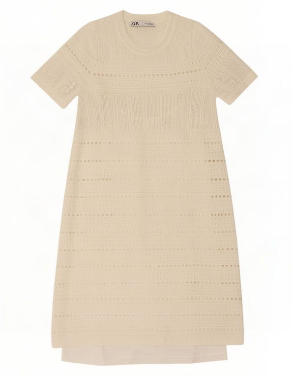 Zara γυναικείο κοντομάνικο φόρεμα UK 8 Small Off White ριγέ βισκόζη