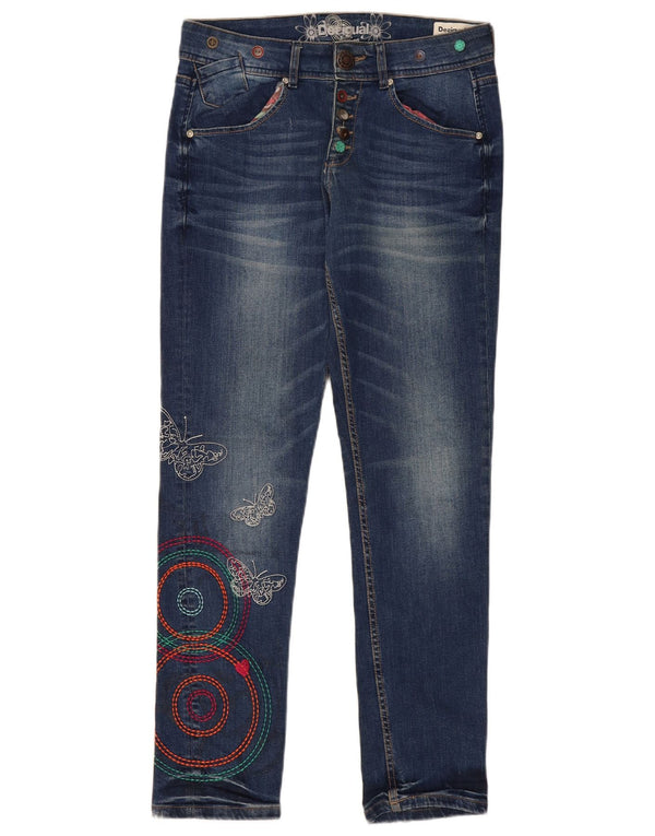 DESIGUAL Womens Boyfriend Fit Slim Jeans W28 L30  Blue Geometric Butterfly