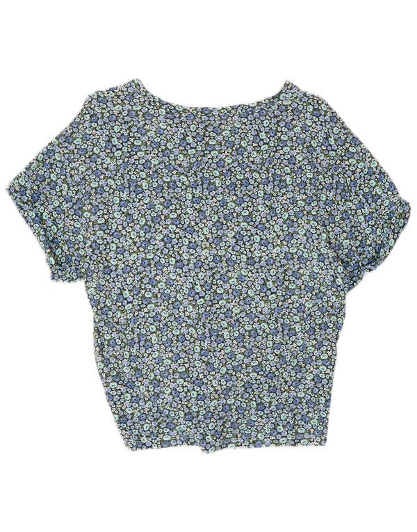 TOMMY HILFIGER Womens Crop Blouse Top UK 10 Small Blue Floral Cotton