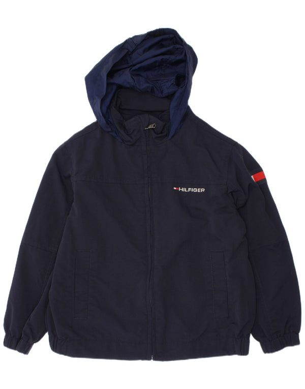 TOMMY HILFIGER Boys Hooded Rain Jacket 4-5 Years XS Navy Blue Colorblock