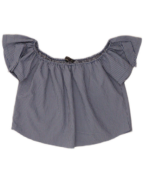 Zara Womens Crop Off Shoulder Top 10 Small Navy Blue Gingham