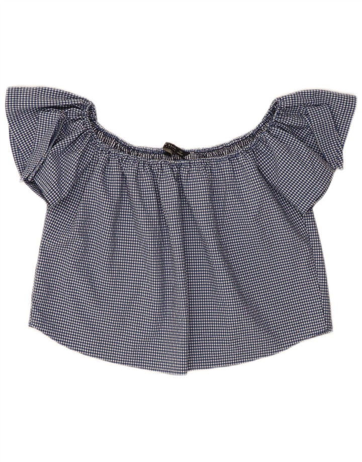 Zara Womens Crop Off Shoulder Top 10 Small Navy Blue Gingham