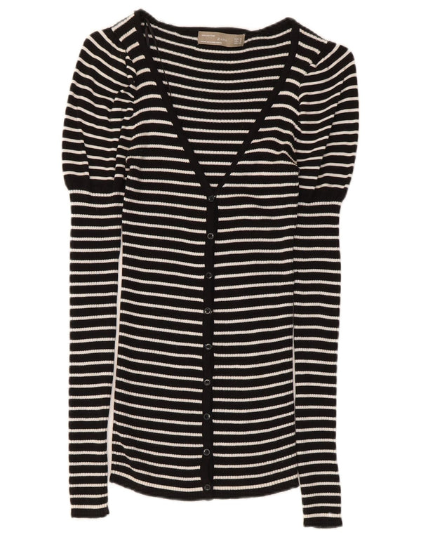 Zara Γυναικείο πουλόβερ ζακέτα UK 8 Small Black ριγέ βαμβακερό