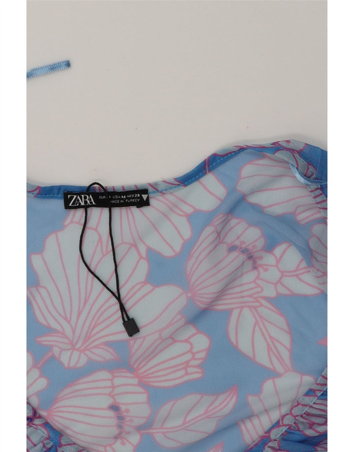ZARA Womens Long Sleeve Crop Blouse Top UK 12 Medium Blue Floral Polyester Vintage Zara and Second-Hand Zara from Messina Hembry 
