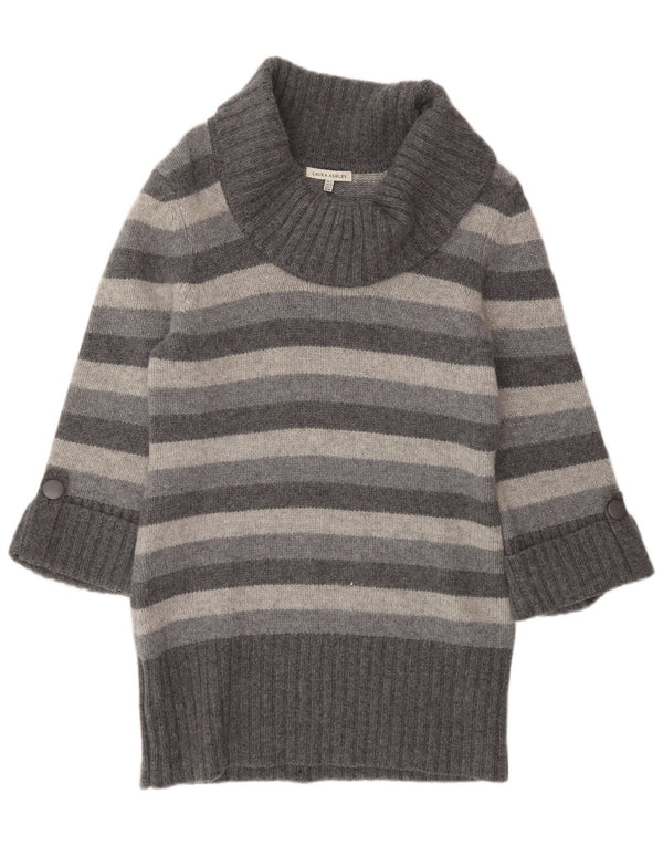 Laura Ashley Womens 3/4 Sleeve Jumper Dress UK 12 Medium Grey Striped Wool