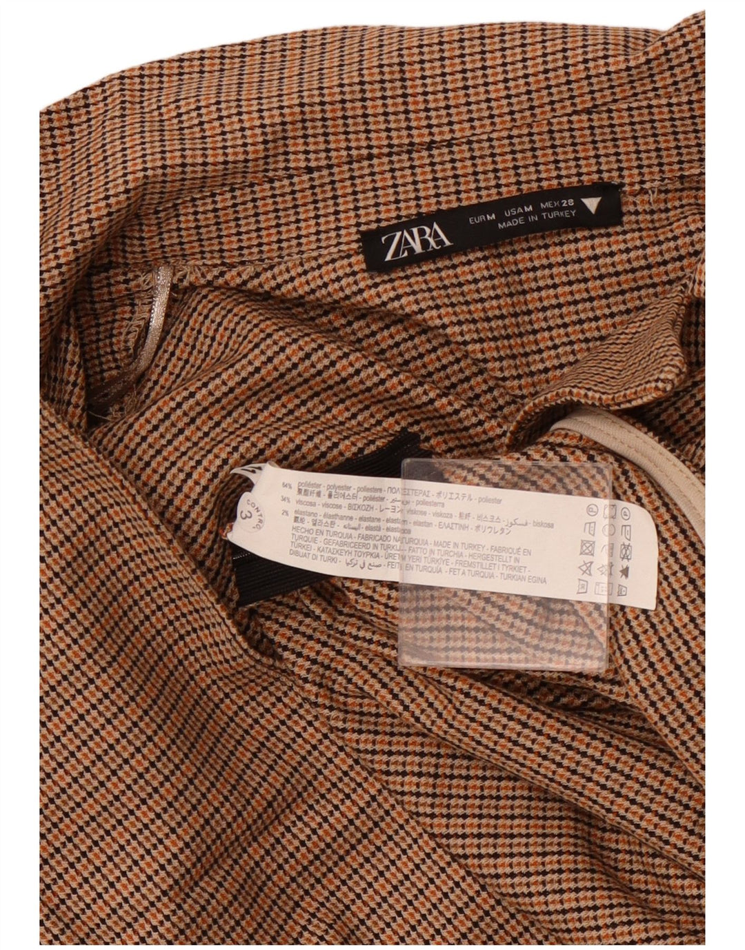 ZARA Γυναικείο μακρυμάνικο μπλουζάκι UK 12 μεσαίο καφέ Houndstooth Πολυεστέρας