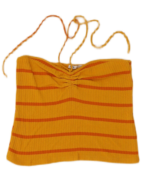 Zara Womens Crop Halter Top UK 12 Medium Yellow ριγέ
